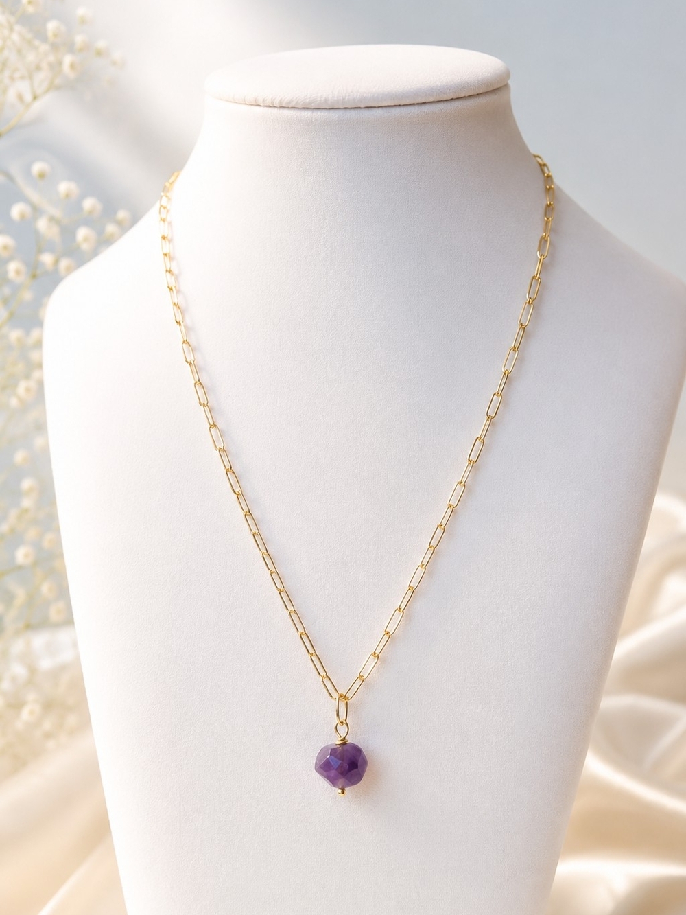 Natural Amethyst Necklace Gold Chain Purple Gemstone Women’s Jewelry.